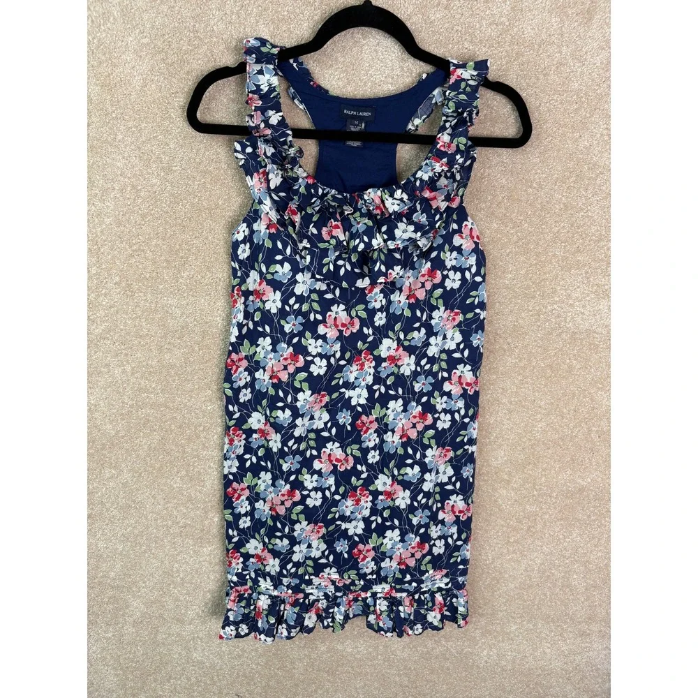 RALPH LAUREN Floral Dress Girls Size 14 Navy Blue Summer Preppy Designer